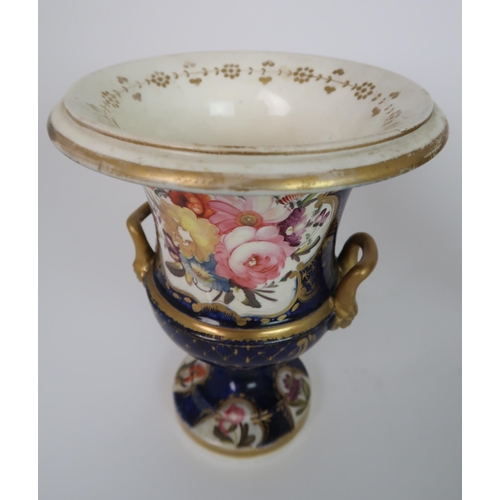 265 - A GARNITURE OF COALPORT STYLE TWO HANDLED URNS