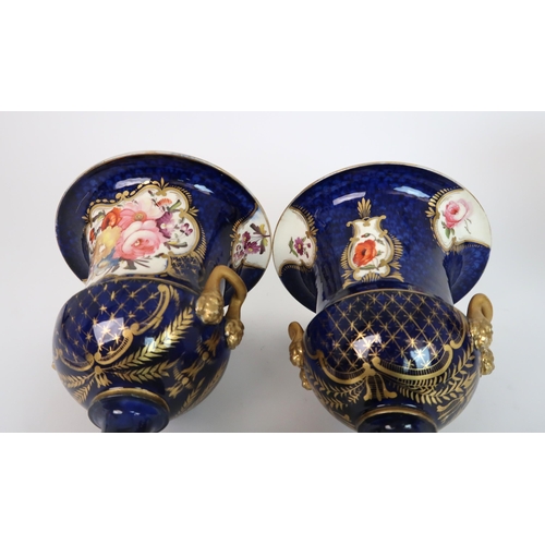 265 - A GARNITURE OF COALPORT STYLE TWO HANDLED URNS