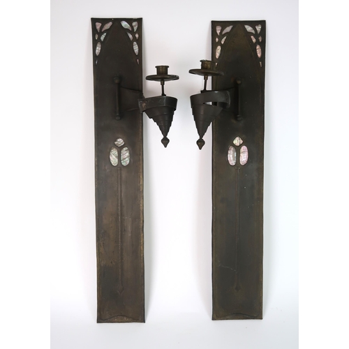 284 - A PAIR OF BRASS AND MOTHER OF PEARL WALL SCONCES