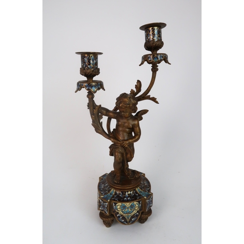 310 - A FRENCH BRONZE CHAMPLEVE ENAMEL CANDLESTICK