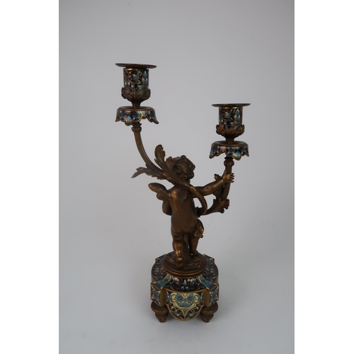 310 - A FRENCH BRONZE CHAMPLEVE ENAMEL CANDLESTICK