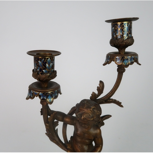 310 - A FRENCH BRONZE CHAMPLEVE ENAMEL CANDLESTICK