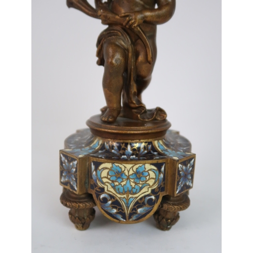 310 - A FRENCH BRONZE CHAMPLEVE ENAMEL CANDLESTICK