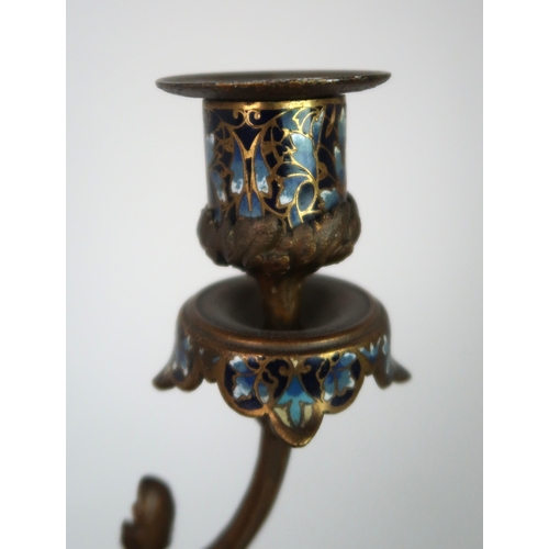 310 - A FRENCH BRONZE CHAMPLEVE ENAMEL CANDLESTICK