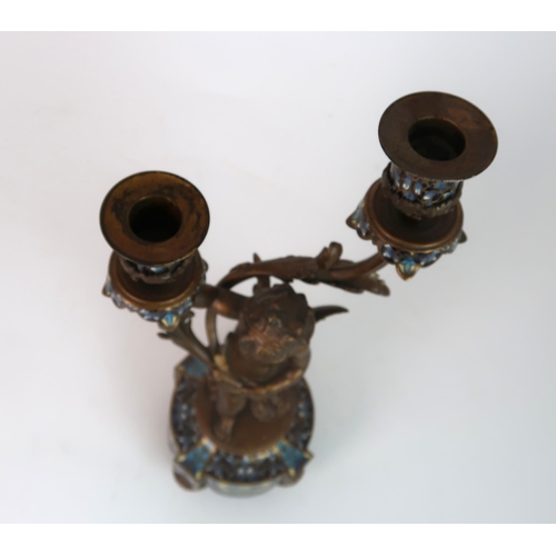 310 - A FRENCH BRONZE CHAMPLEVE ENAMEL CANDLESTICK