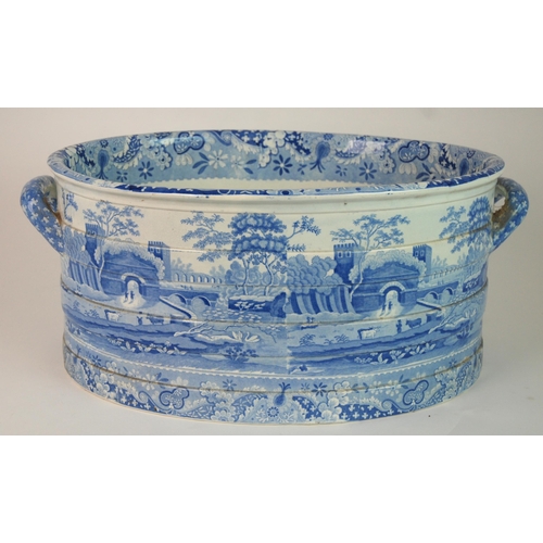 336 - A SPODE BLUE AND WHITE TRANSFER PRINTED CASTLE PATTERN FOOT BATH