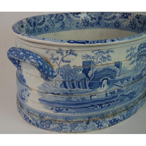 336 - A SPODE BLUE AND WHITE TRANSFER PRINTED CASTLE PATTERN FOOT BATH