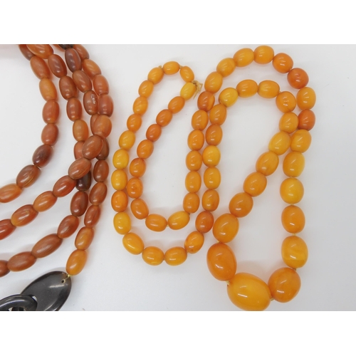 548 - A STRING OF AMBER BEADS AND A STRING OF HORN BEADS