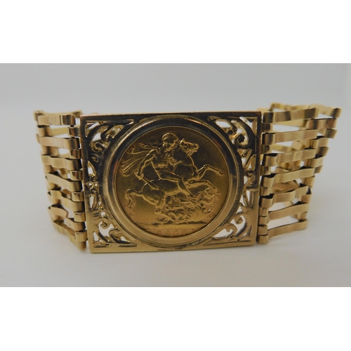 568 - A FULL SOVEREIGN SET 9CT GOLD GATE BRACELET