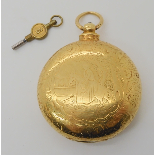 653 - AN 18CT GOLD FULL HUNTER POCKET WATCH WITH ENGRAVED DECORATION