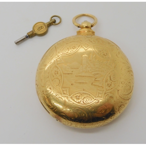 653 - AN 18CT GOLD FULL HUNTER POCKET WATCH WITH ENGRAVED DECORATION