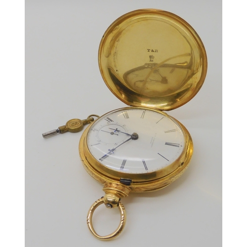 653 - AN 18CT GOLD FULL HUNTER POCKET WATCH WITH ENGRAVED DECORATION