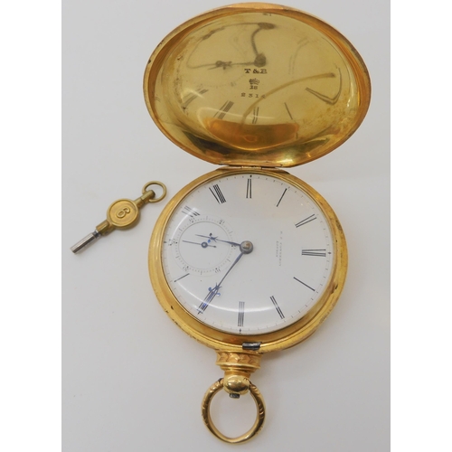 653 - AN 18CT GOLD FULL HUNTER POCKET WATCH WITH ENGRAVED DECORATION