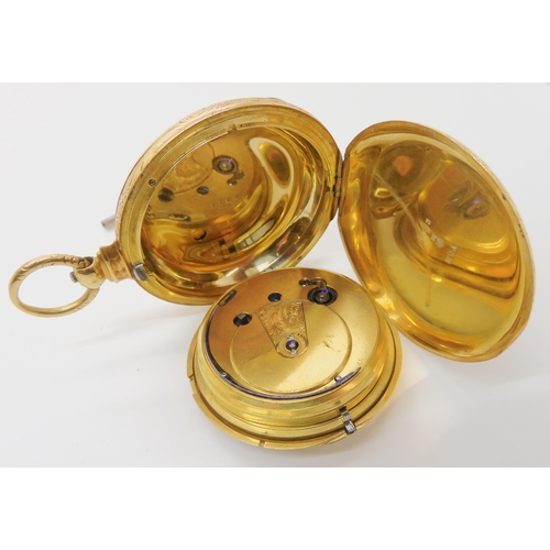 653 - AN 18CT GOLD FULL HUNTER POCKET WATCH WITH ENGRAVED DECORATION