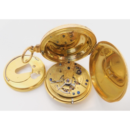 653 - AN 18CT GOLD FULL HUNTER POCKET WATCH WITH ENGRAVED DECORATION