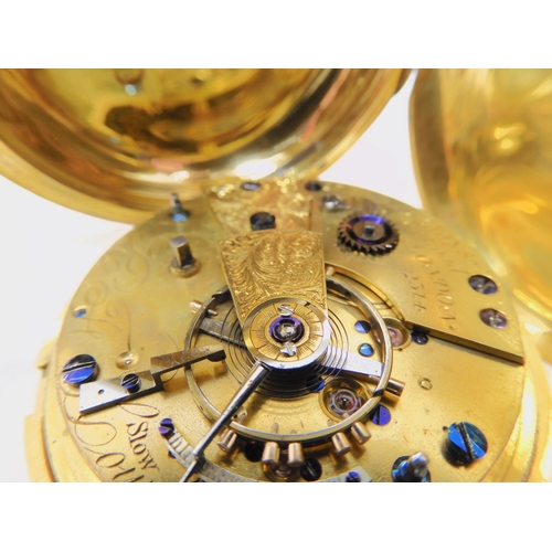 653 - AN 18CT GOLD FULL HUNTER POCKET WATCH WITH ENGRAVED DECORATION