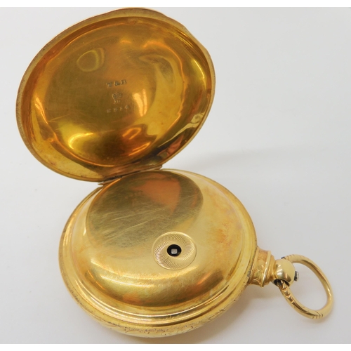 653 - AN 18CT GOLD FULL HUNTER POCKET WATCH WITH ENGRAVED DECORATION