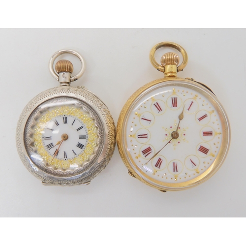 666 - A DECORATIVE GOLD FOB WATCH TOGETHER WITH A SILVER EXAMPLE