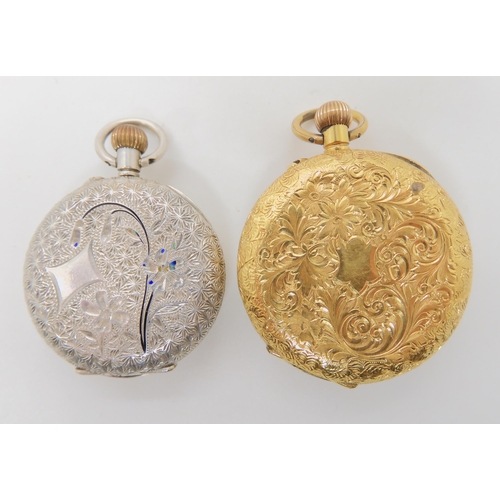 666 - A DECORATIVE GOLD FOB WATCH TOGETHER WITH A SILVER EXAMPLE