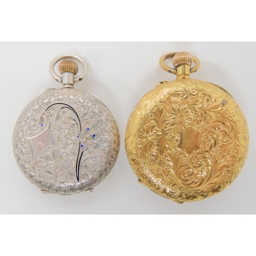 666 - A DECORATIVE GOLD FOB WATCH TOGETHER WITH A SILVER EXAMPLE