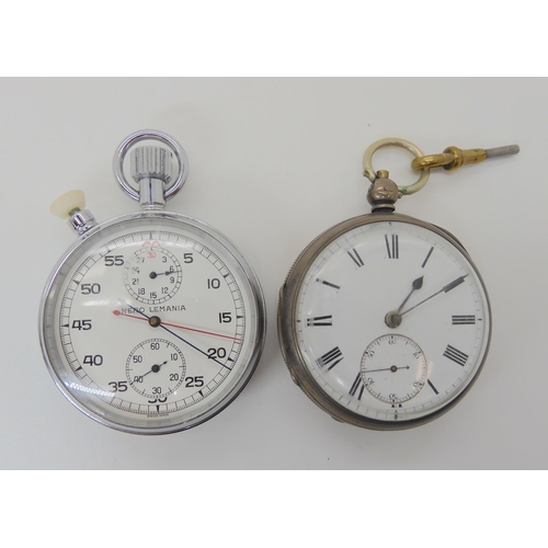 687 - A SILVER CASED POCKET WATCH AND MILITARY NERO LEMANIA STOPWATCH