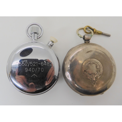 687 - A SILVER CASED POCKET WATCH AND MILITARY NERO LEMANIA STOPWATCH