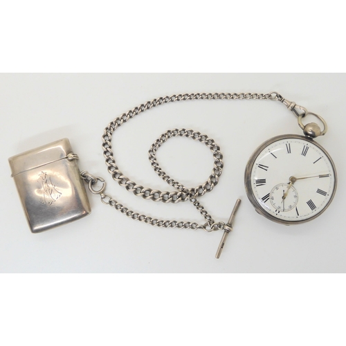 692 - A SILVER OPEN FACE POCKET WATCH  CHAIN AND VESTA