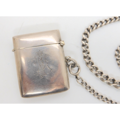 692 - A SILVER OPEN FACE POCKET WATCH  CHAIN AND VESTA