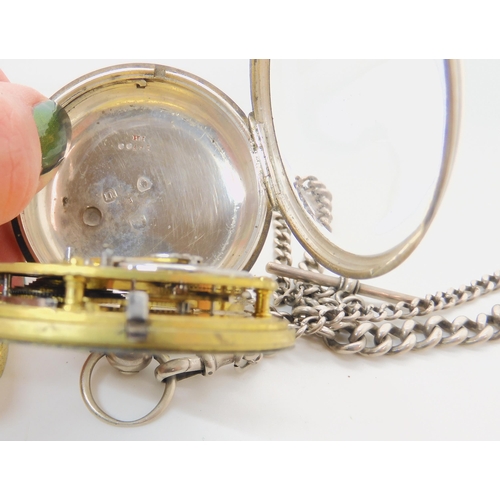 692 - A SILVER OPEN FACE POCKET WATCH  CHAIN AND VESTA