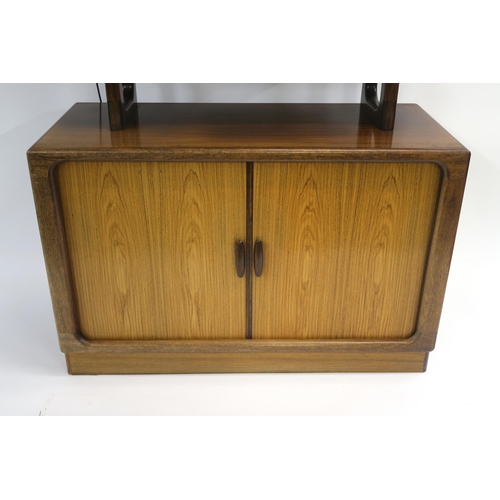 108 - A DYRLUND ROSEWOOD CREDENZA WITH TAMBOUR FRONT ON PLINTH BASE