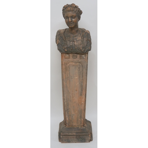 67 - A CAST TERRACOTTA BUST  PEDESTAL AND STAND