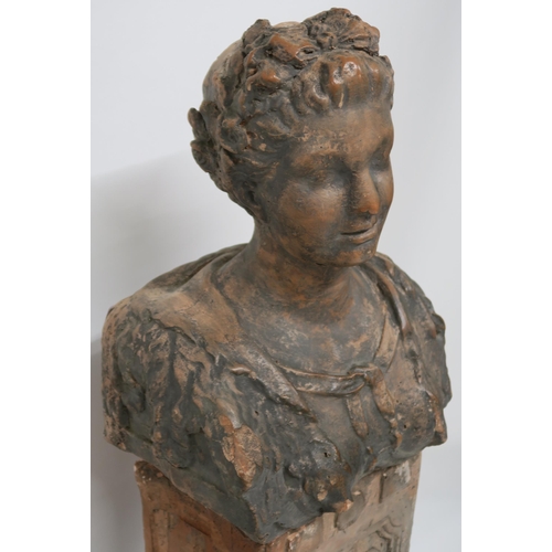 67 - A CAST TERRACOTTA BUST  PEDESTAL AND STAND