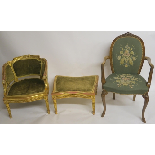7 - A FRENCH GILTWOOD FAUTEUIL the carved back rail with ribbon and gadrooning and with acanthus leaf sc... 