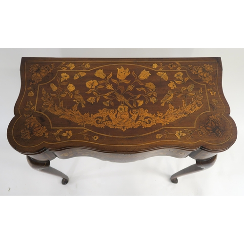 8 - A DUTCH ROSEWOOD AND MARQUETRY CARD TABLE the twin hinged top inlaid with cherubs birds and foliage ... 