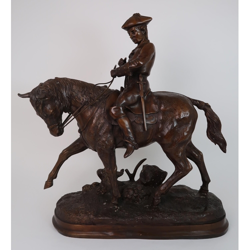 249 - A BRONZE OF A MAN IN TRICORN HAT  UPON A HORSE