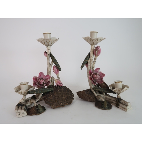 295 - A PAIR OF ROYAL WORCESTER LOTUS CANDLEHOLDERS