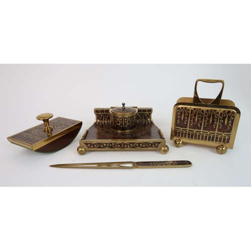 307 - AN ERHARD & SONS ART NOUVEAU WOOD AND BRASS INLAID DESK SET