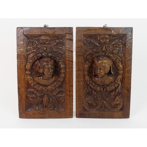 377 - A PAIR OF CARVED OAK ROMANYE PANELS