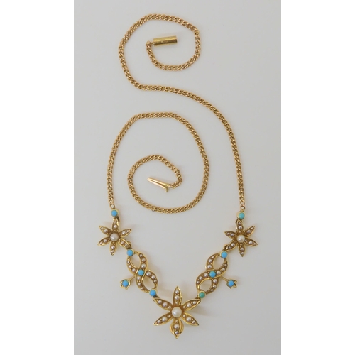 540 - AN EDWARDIAN TURQUOISE AND PEARL NECKLET