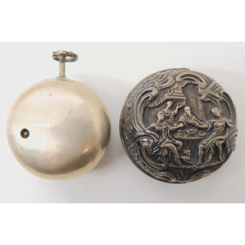 666 - A WHITE METAL PAIR CASED POCKET WATCH WITH A RURAL THEME