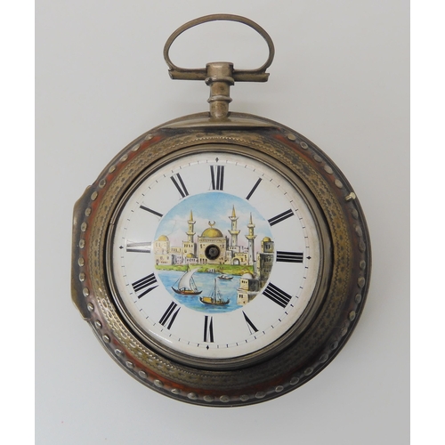 670 - A WHITE METAL PAIR CASED POCKET WATCH WITH PAINTED ISTANBUL DIAL