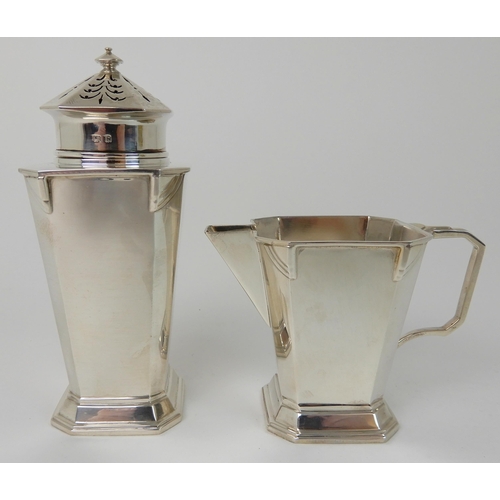 708 - AN ART DECO SILVER SUGAR CASTOR WITH MATCHING CREAM JUG