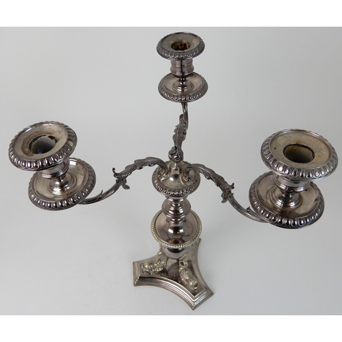 724 - A PAIR OF SILVER PLATED CENTREPIECE THREE-LIGHT CANDELABRA