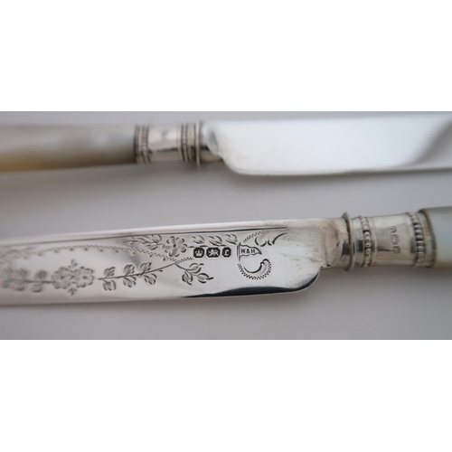 745 - A CASED TWENTY FOUR PIECE SILVER AND MOTHER OF PEARL FRUIT CUTLERY SET