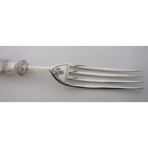 745 - A CASED TWENTY FOUR PIECE SILVER AND MOTHER OF PEARL FRUIT CUTLERY SET