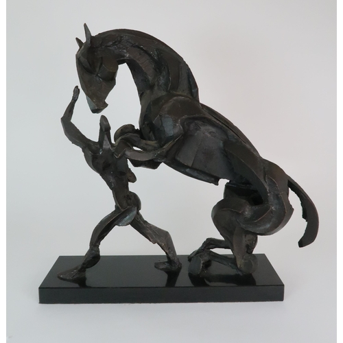 279 - SOPHIE DICKENS (BRITISH B. 1966) A STYLISED BRONZE SCULPTURE OF A REARING HORSE AND FIGURE