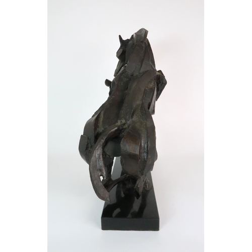 279 - SOPHIE DICKENS (BRITISH B. 1966) A STYLISED BRONZE SCULPTURE OF A REARING HORSE AND FIGURE