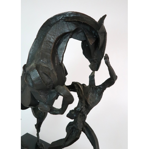 279 - SOPHIE DICKENS (BRITISH B. 1966) A STYLISED BRONZE SCULPTURE OF A REARING HORSE AND FIGURE