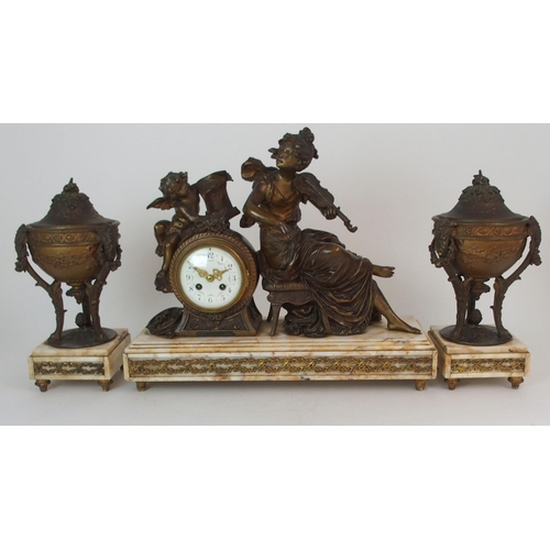 364 - A FRENCH GILDED SPELTER AND ONYX MANTLE CLOCK GARNITURE