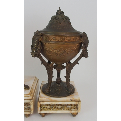 364 - A FRENCH GILDED SPELTER AND ONYX MANTLE CLOCK GARNITURE